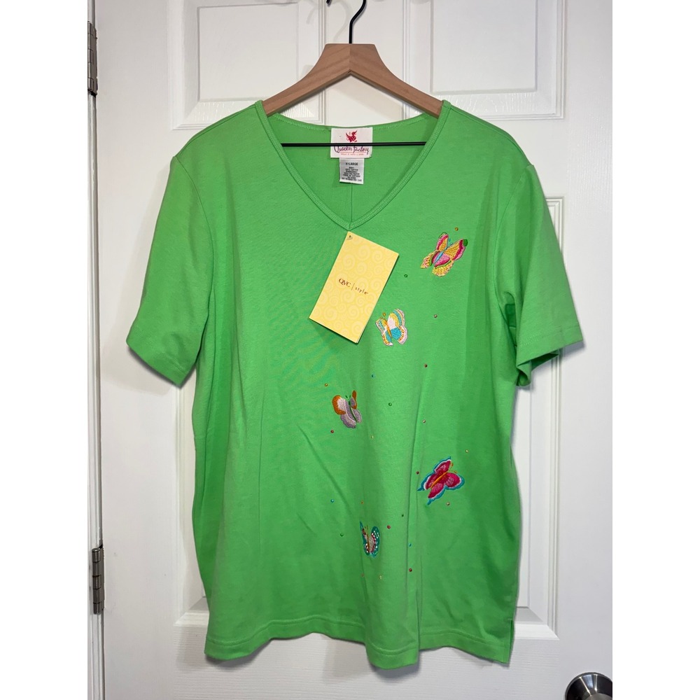 NWT Quacker Factory XL Butterfly Embroidered Rhinestone Green‎ V-Neck T-Shirt
